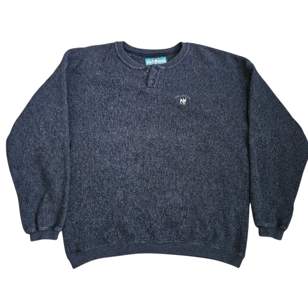 Big Dogs Mens Fuzzy Henley Sweater XL Blue Gray‎ textured knit.